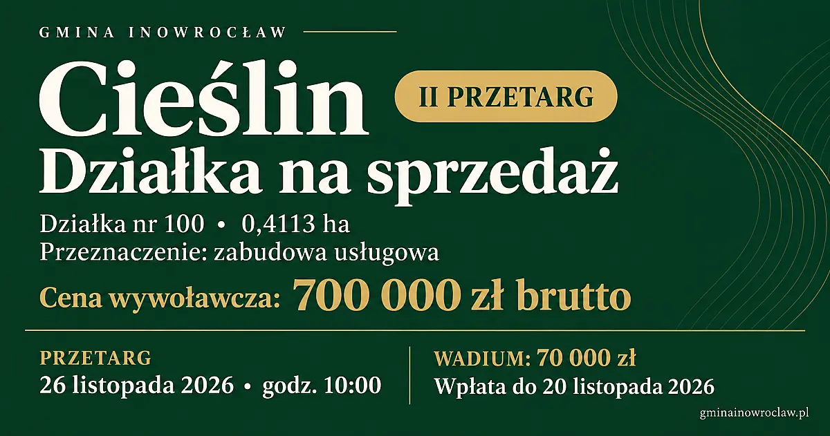 Działka usługowa w Cieślinie na sprzedaż. Ogłoszenie II przetargu